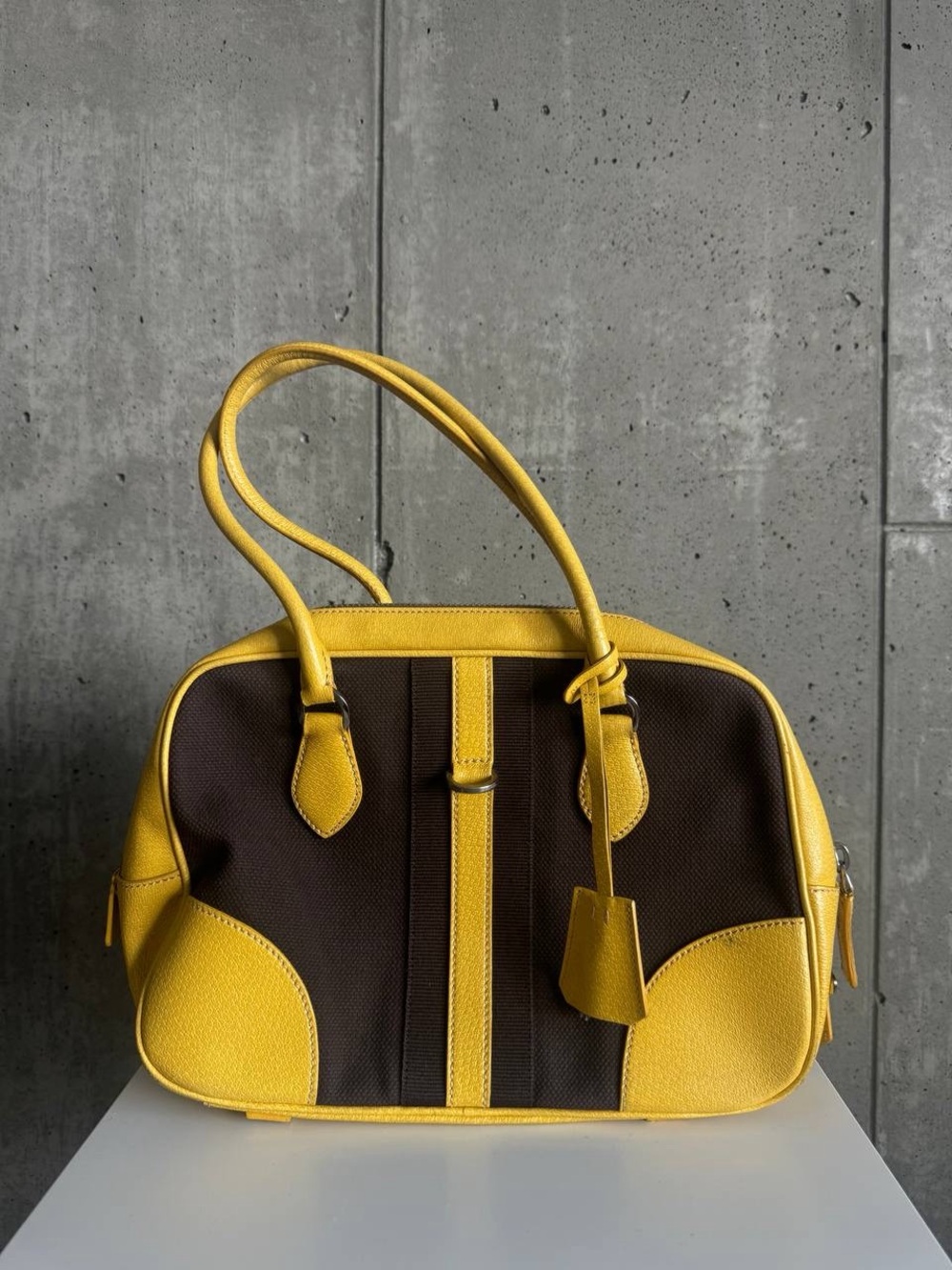 Vintage Prada Dark Brown Yellow Canvas Leather Bowler Bag Purse Italy